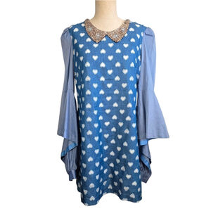 Tenax Made in Italy Blue Heart Print Dress Beaded Peter Pan Collar Bell Sleeve 6